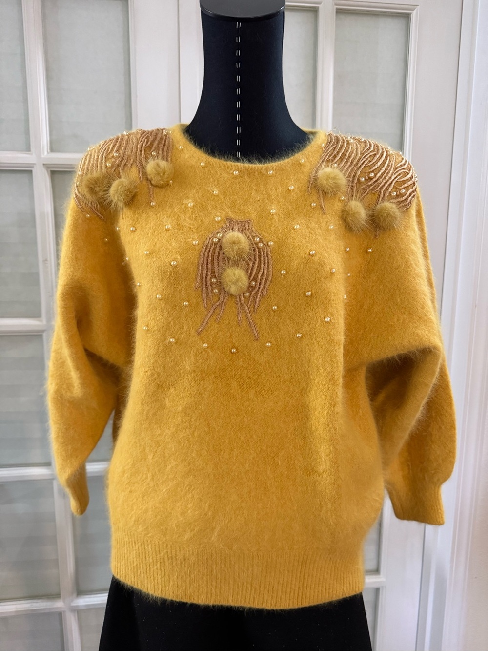 Women's Mustard Pom-Pearl Embellished Fuzzy Sweater